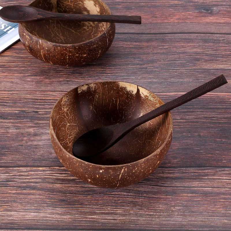 Coconut Bowls and Wooden Spoons for Serving Noodle,Pasta,Smoothie,Porridge,Handicraft Decoration Co