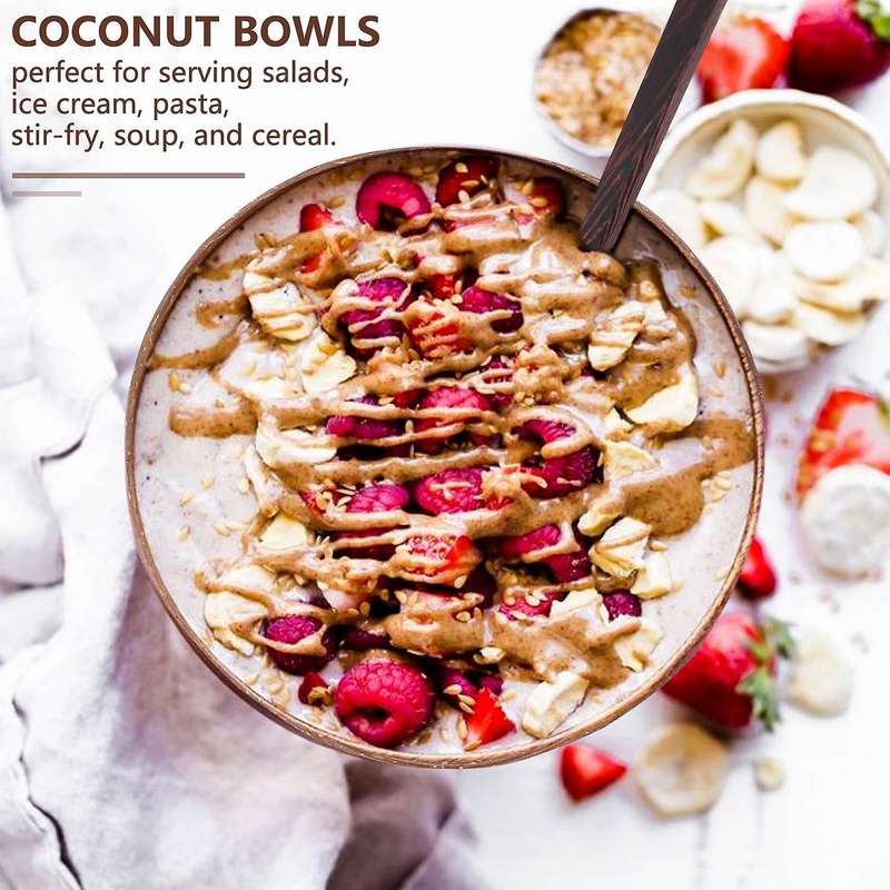 Coconut Bowls and Wooden Spoons for Serving Noodle,Pasta,Smoothie,Porridge,Handicraft Decoration Co