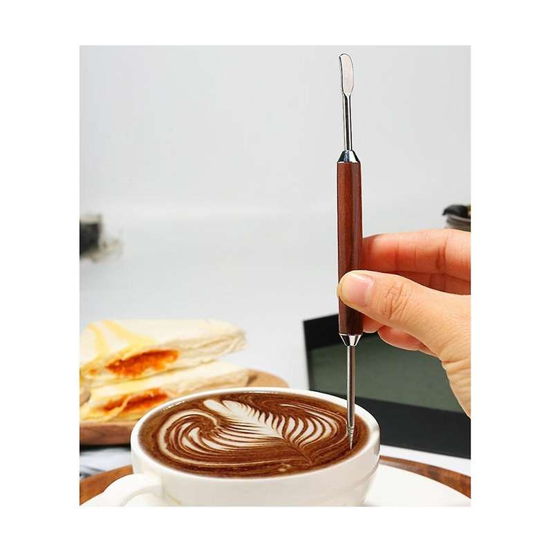 Coffee Art Pen, Coffee Fancy Art Needle Barista Tool, Wood Handle Stainless Decorating Coffee Art N