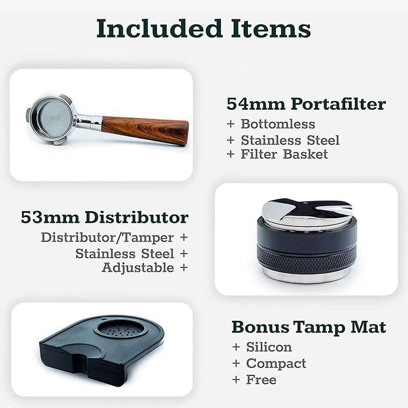 Coffee 54mm Bottomless Portafilter + 53mm Coffee Distributor & Tamper + for The Barista