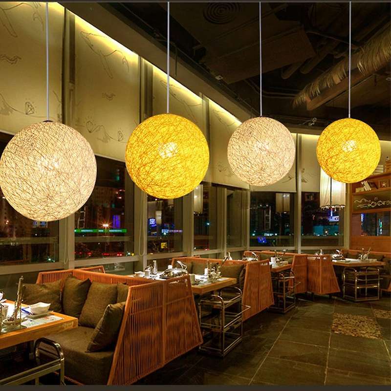 Coffee Bamboo, Rattan and Hemp Ball Chandelier Individual Creativity Spherical Rattan Nest Lampshad