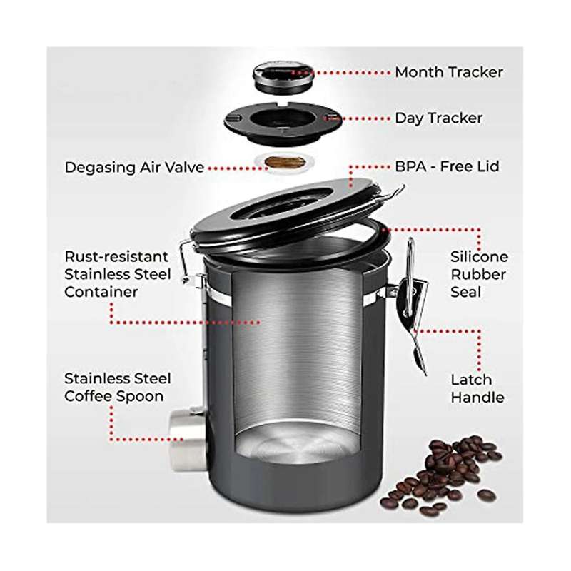 Coffee Bean Sealed Can 304 Stainless Steel Tea Dried Fruit Storage Can with Spoon 1.2l