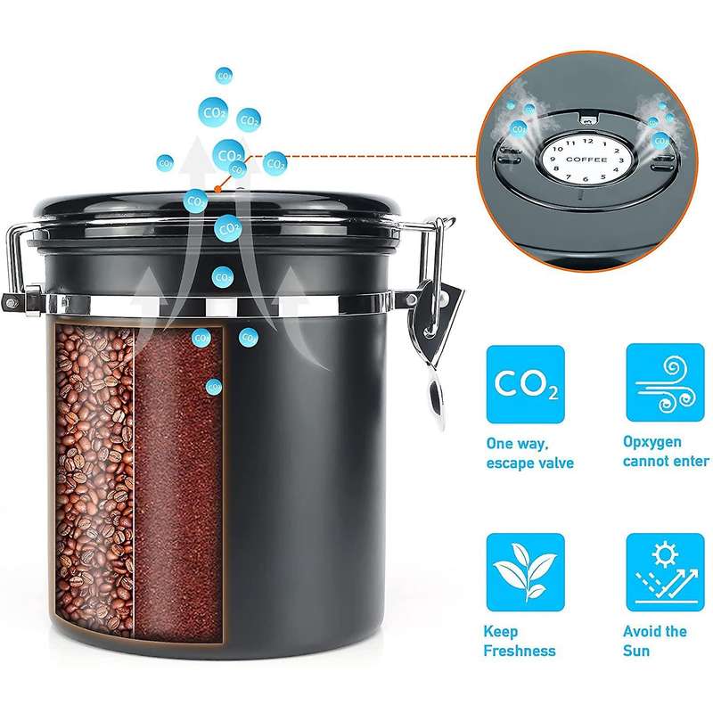 Coffee Canister for Ground Coffee with Scoop,Date Tracker Way Co2 Valve,Kitchen Airtight Storage Con