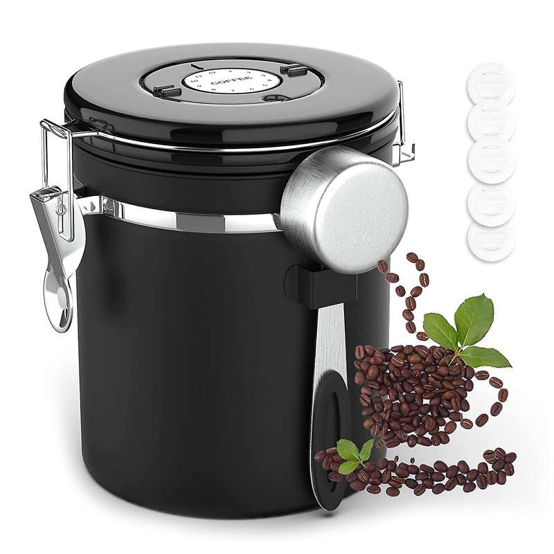 Coffee Canister for Ground Coffee with Scoop,Date Tracker Way Co2 Valve,Kitchen Airtight Storage Con