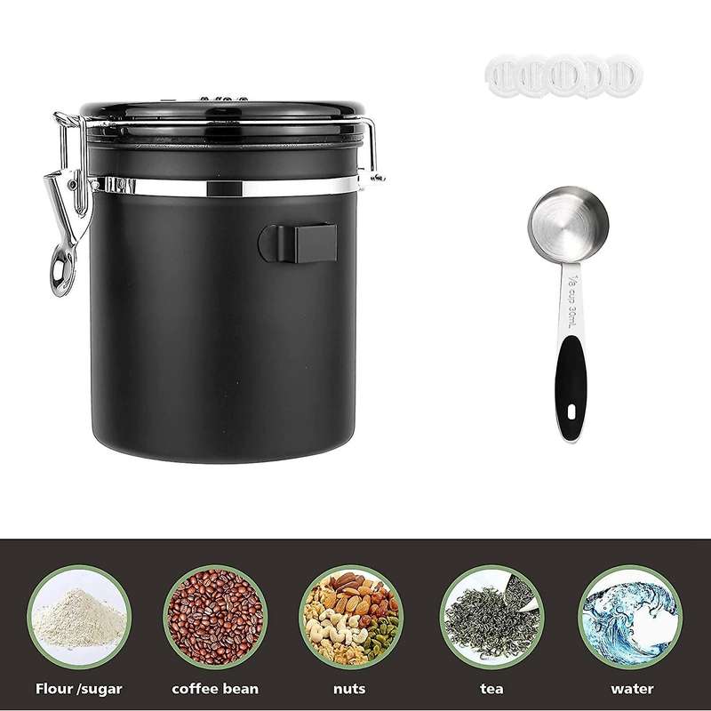 Coffee Canister for Ground Coffee with Scoop,Date Tracker Way Co2 Valve,Kitchen Airtight Storage Con