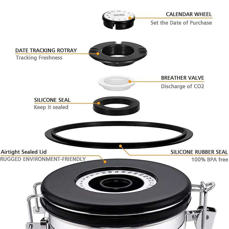 Coffee Canister for Ground Coffee with Scoop,Date Tracker Way Co2 Valve,Kitchen Airtight Storage Con