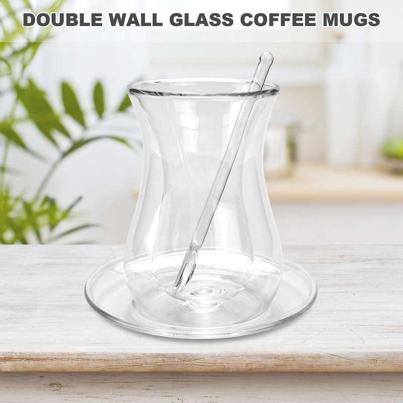 Coffee Cup Set with Saucer and Glass Spoon Heat Preservation Double Glass Transparent Black Tea Cup