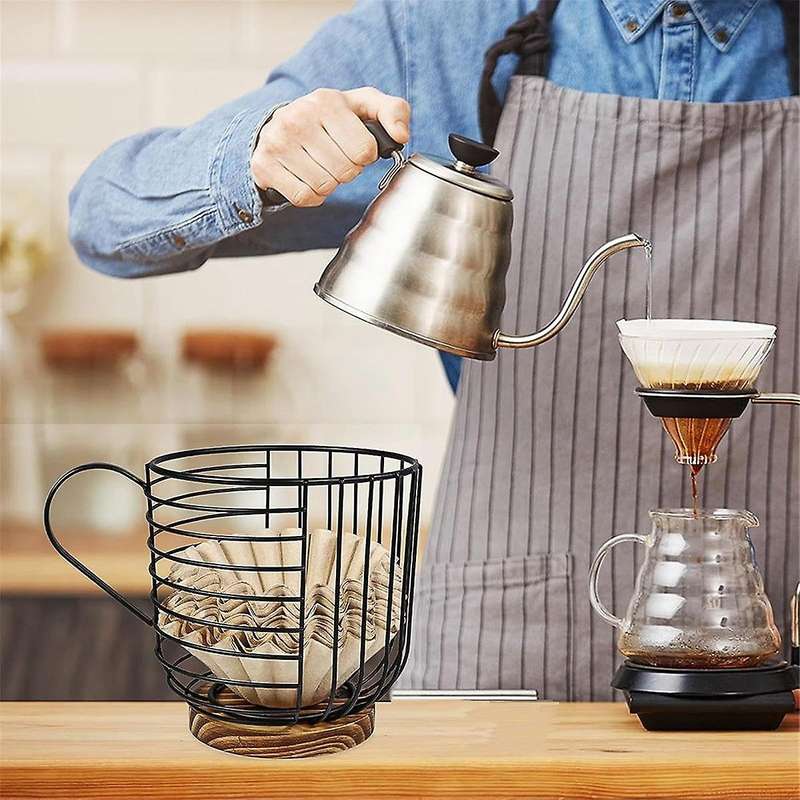 Coffee Filter Holder with Lid, Coffee Filters Storage, Wooden Coffee Filter Container Basket, Round