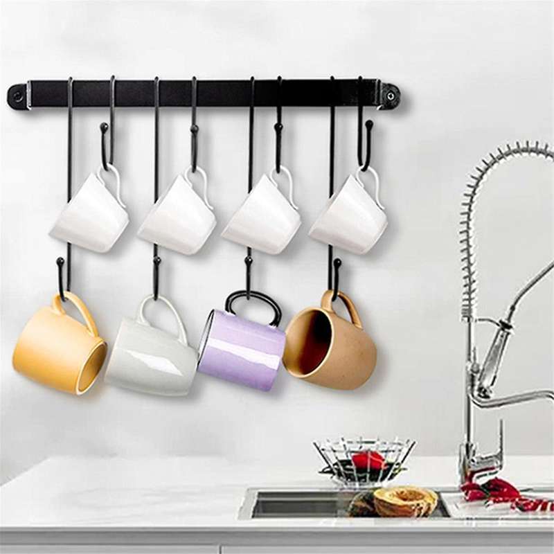 Coffee Mug Holder for Wall: 17-inch Black Coffee Bar Cup Hanger Hooks - Hanging Coffee Cup Rack Stor