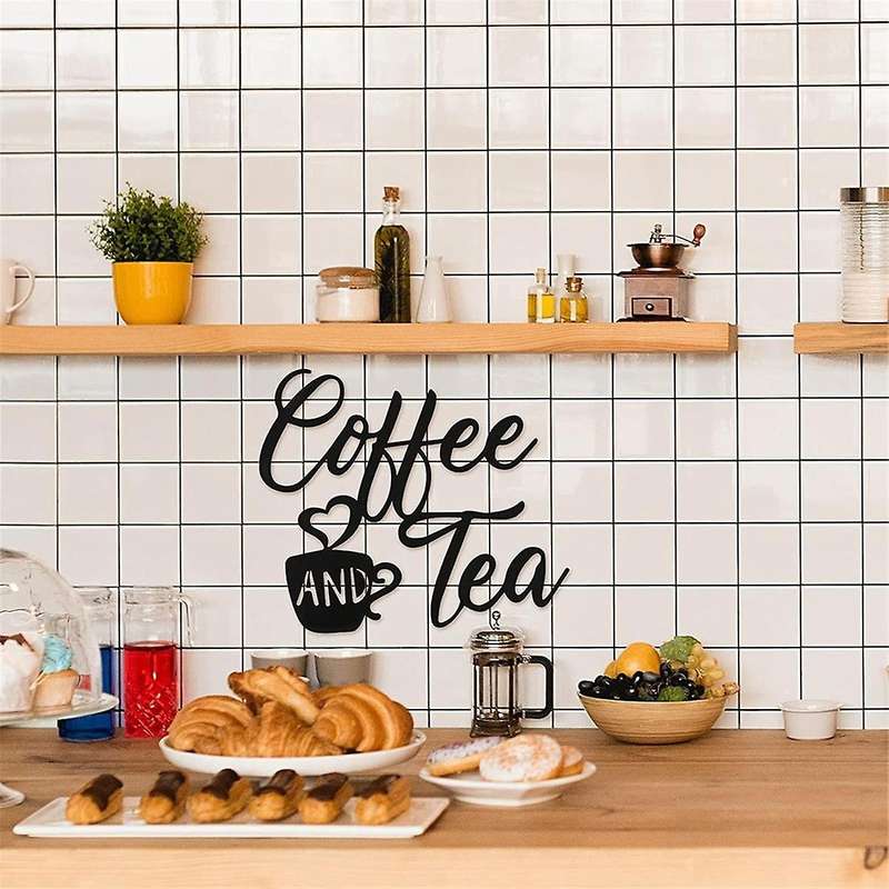 Coffee Sign and Tea Bar Metal Hanging Wall Art Black Cup Decor Letter for Cafe Farmhouse Kitchen