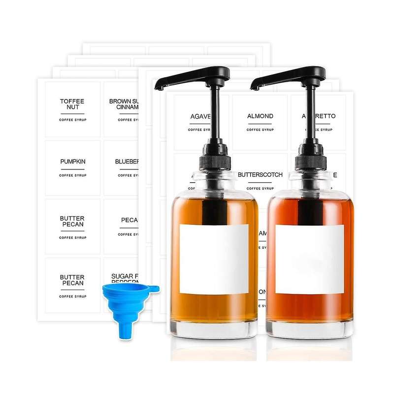 Coffee Syrup Dispenser Cup with Labels Glass Syrup Pump Dispenser , for Coffee Bar Accessories, 500