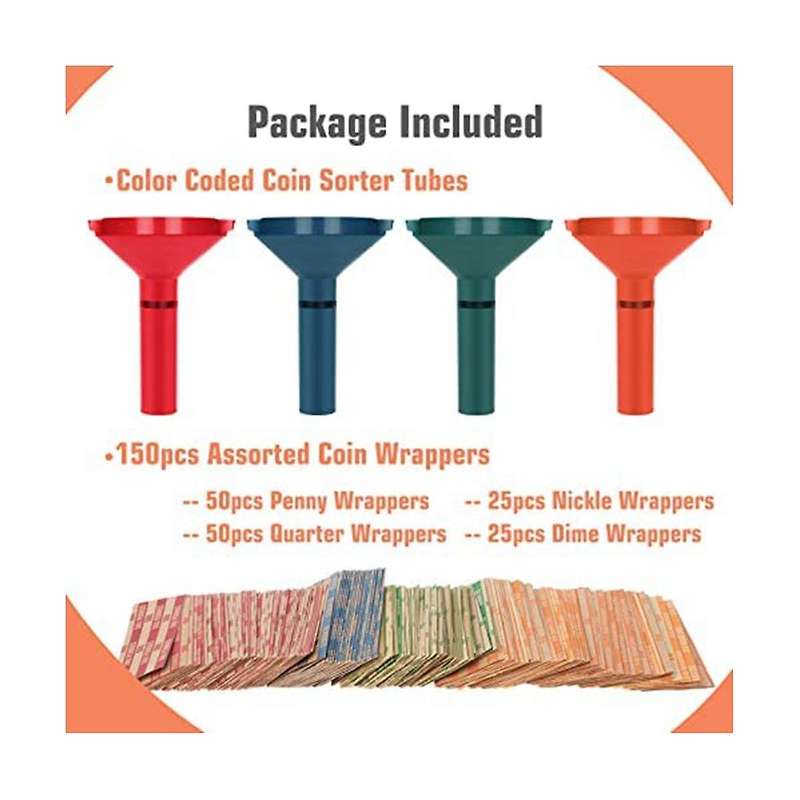 Coin Sorter with Coin Wrappers for All Coins, Coin Counter Tubes Plastic with 150pcs Coin Rollswrap