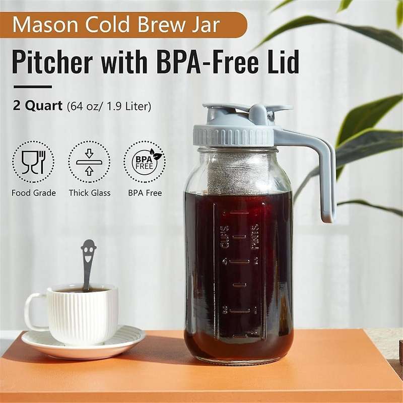 Cold Brew Coffee Maker Mason Jar 64oz, Durable Thick Glass Cold Brew Pitcher Flip Cap Spout Lid with