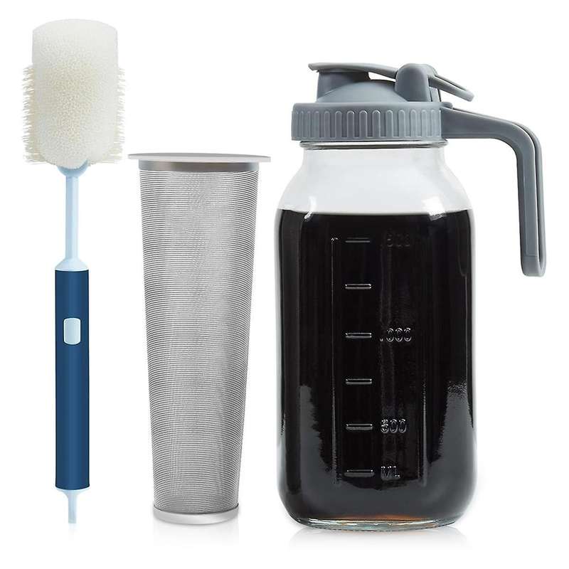 Cold Brew Coffee Maker Mason Jar 64oz, Durable Thick Glass Cold Brew Pitcher Flip Cap Spout Lid with