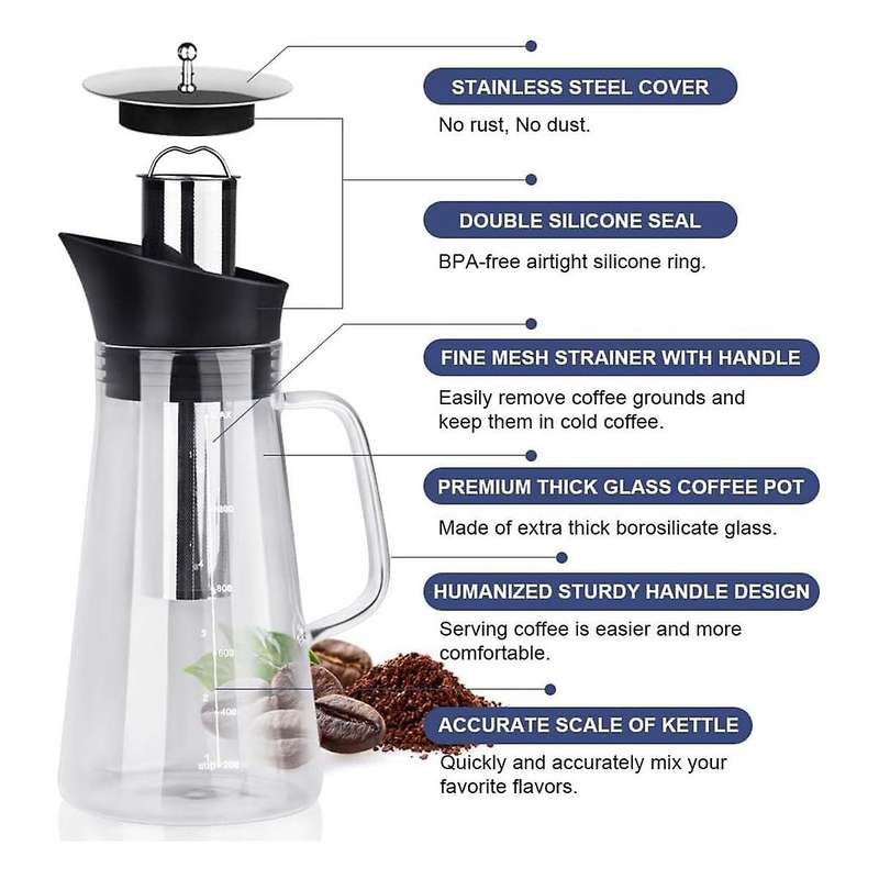 Cold Brew Coffee Maker, Iced Coffee Maker Machine, Cold Brew Tea Pitcher Durable Glass and Airtight
