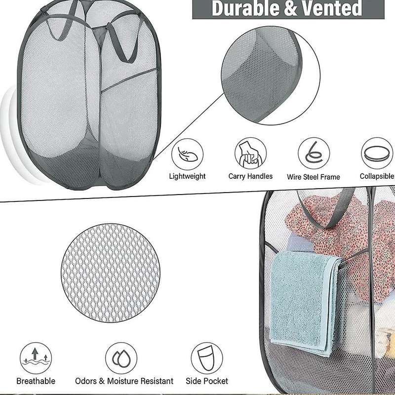Collapsible Laundry Basket Strong Mesh Up Laundry Hamper for Laundry with Side Pocket Reinforced H