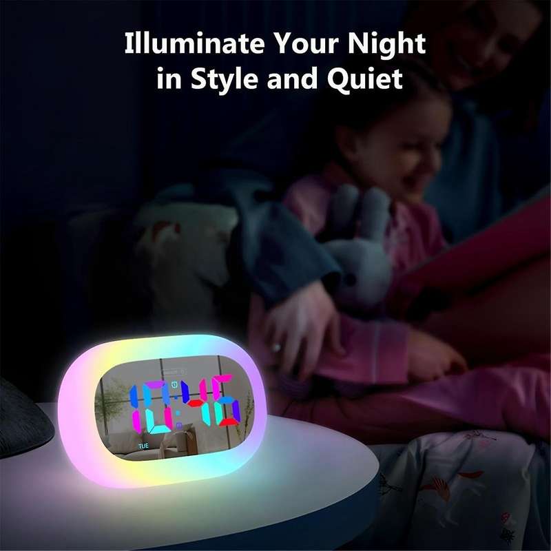 Colorful LED Digital Alarm Clock Bedrooms RGB Mirror Digital Alarm Desk Clock with Touch Snooze and