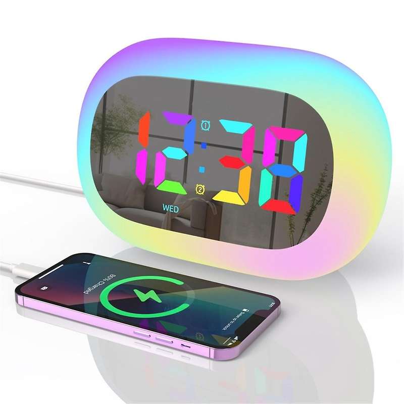 Colorful LED Digital Alarm Clock Bedrooms RGB Mirror Digital Alarm Desk Clock with Touch Snooze and