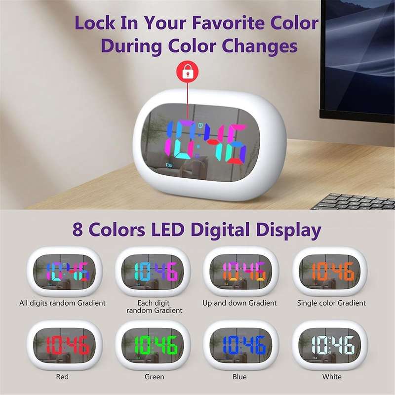 Colorful LED Digital Alarm Clock Bedrooms RGB Mirror Digital Alarm Desk Clock with Touch Snooze and