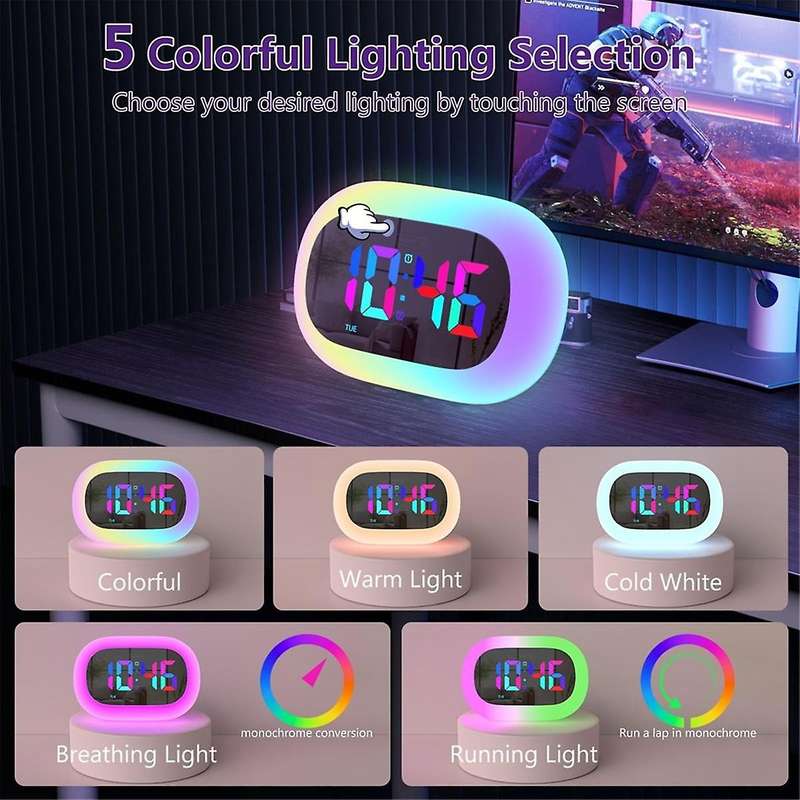 Colorful LED Digital Alarm Clock Bedrooms RGB Mirror Digital Alarm Desk Clock with Touch Snooze and