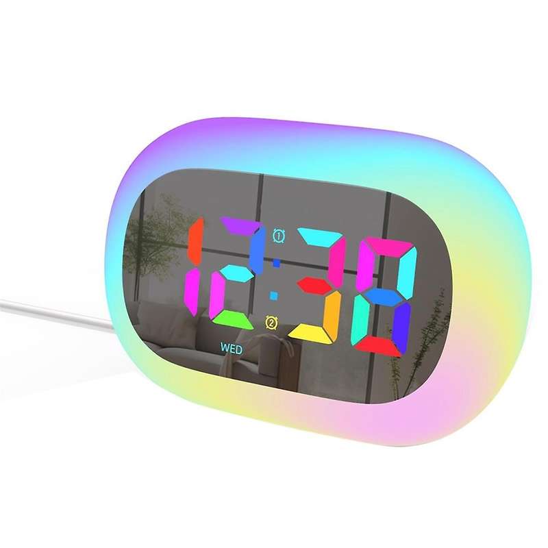Colorful LED Digital Alarm Clock Bedrooms RGB Mirror Digital Alarm Desk Clock with Touch Snooze and
