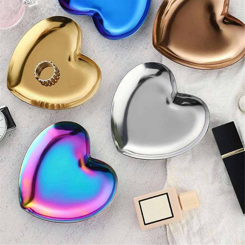 Colorful Stainless Steel Storage Mirror Tray Heart Shape Fruit Plate Small Items Jewelry Display Tra