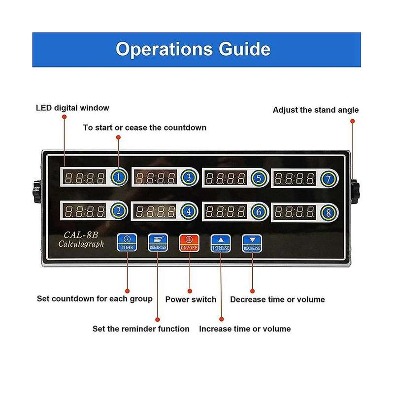 Commercial 8 Channels Digital Kitchen Timer, Stainless Steel Calculagraph Timer with Alarm , Clock R