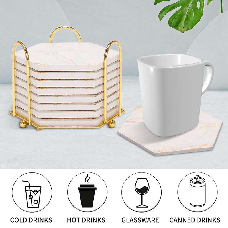 Compatible Drinks Absorbent with Holder Marble Design Ceramic Coaster Set