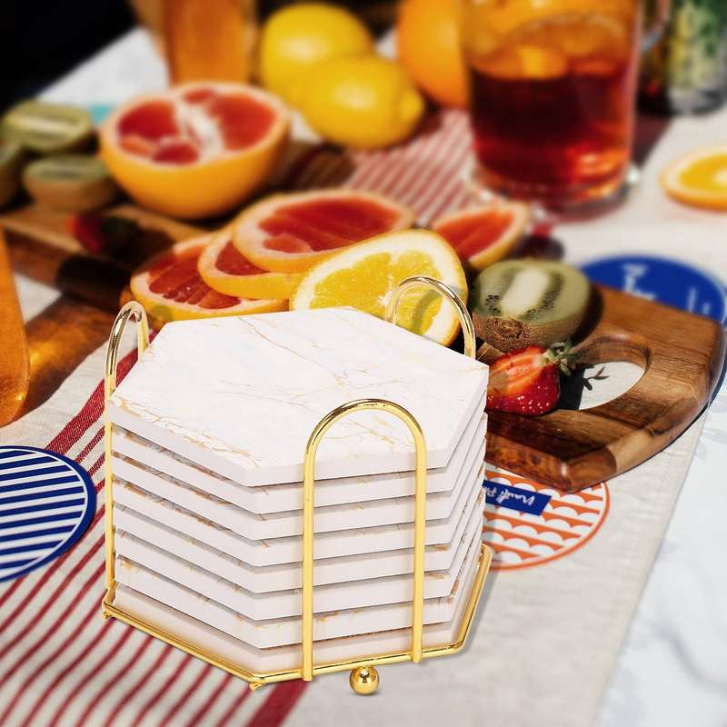 Compatible Drinks Absorbent with Holder Marble Design Ceramic Coaster Set