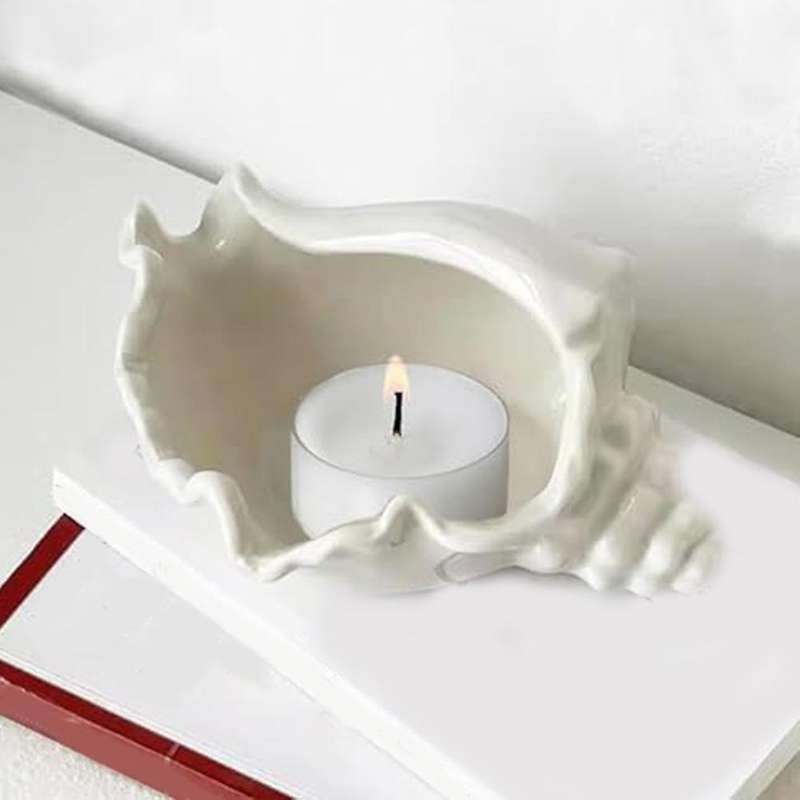 Conch Shell Tea Light Candle Holder, Shell Jewelry Dish, Ocean Beach Theme Ceramic White Shell Jewel