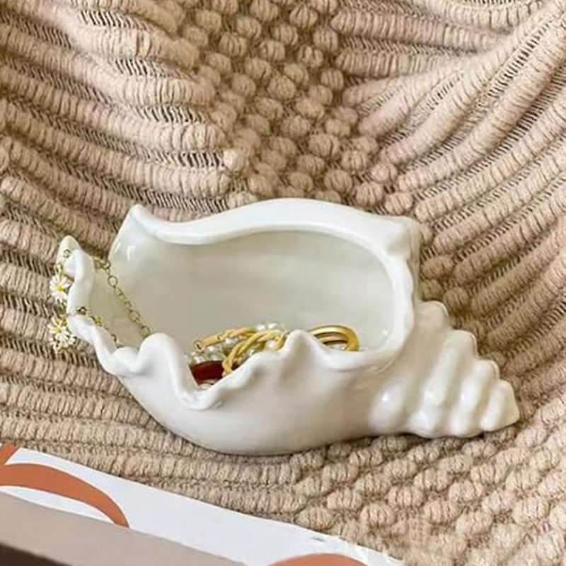 Conch Shell Tea Light Candle Holder, Shell Jewelry Dish, Ocean Beach Theme Ceramic White Shell Jewel
