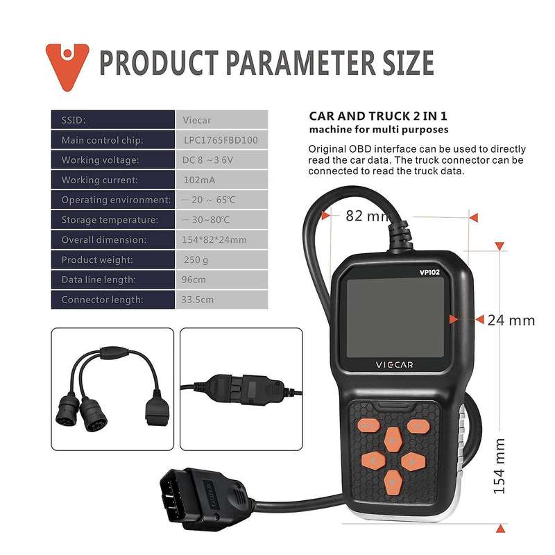 VP102 Universal Car & Truck Code Reader 2 In1 Diagnostic Tool Obd Scan Multi-Systems for Heavy Duty