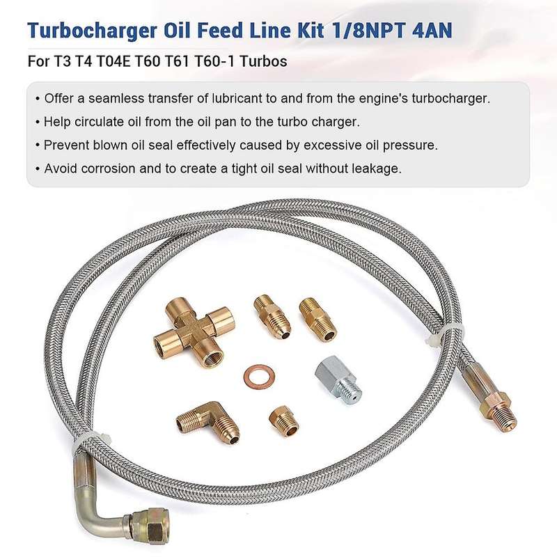 VR - 1/8 NPT 4AN Turbo Oil Feed Line Oil Drain Line Kit for T3 T4 T3/T4 T04E T70 T66 T67 Gt35 Gt45 V