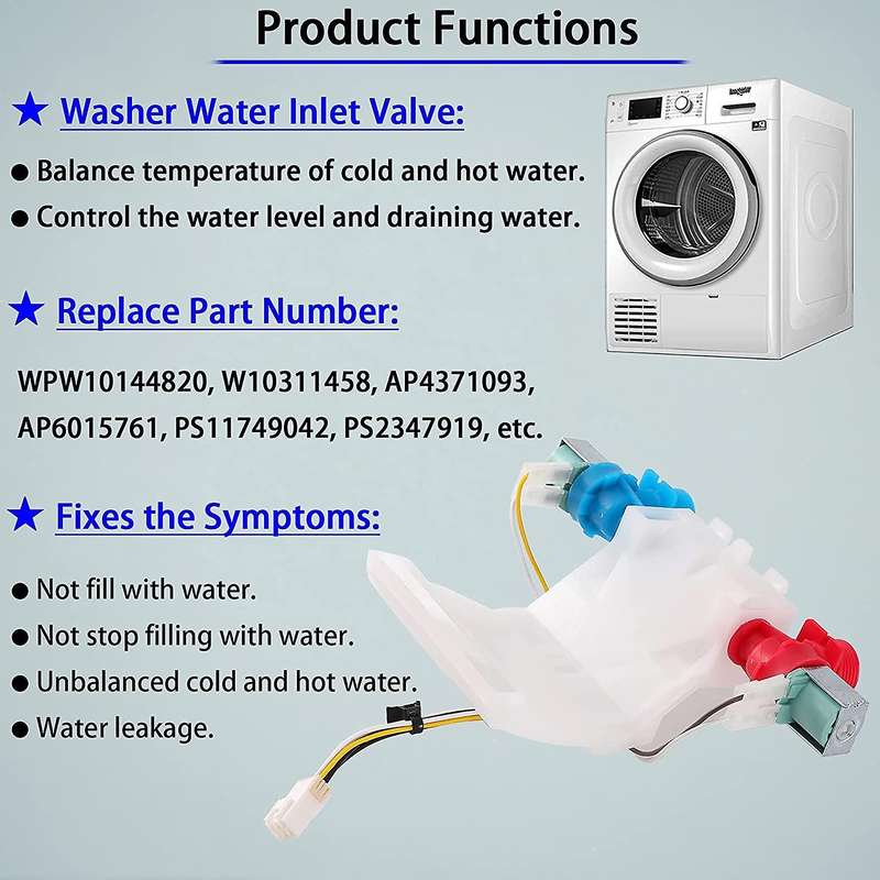 W10144820 Washer Water Inlet Valve Washing Machine Replacement Part Compatible for Replaces