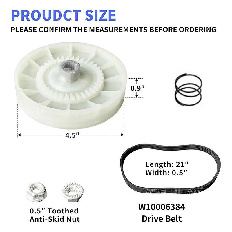 W10721967 Washer Pulley Clutch Kit, W10006384 Washer Drive Belt Replacement Kit Compatible for