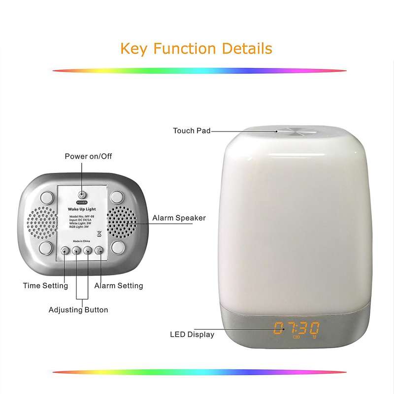 Wake Up Light Beside Lamp Alarm Clock with Sunrise Simulation Pressure Sensor Multicolor Dimmable Ni