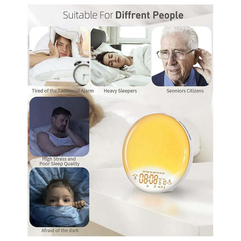 Wake Up Light, Sunrise/Sunset Lamp Simulator 6 Color 4 Effect Lights 20 Brightness Levels 7 FM Radio