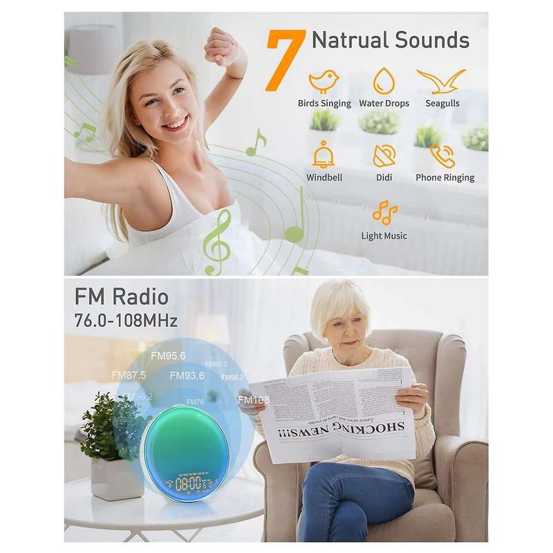 Wake Up Light, Sunrise/Sunset Lamp Simulator 6 Color 4 Effect Lights 20 Brightness Levels 7 FM Radio