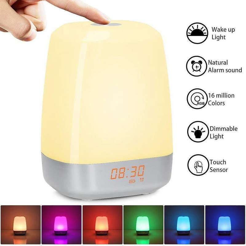 Wake Up Light Alarm Clock Digital Led Clock Press Control Dimmable Bedside Lamp Colorful Mode Night