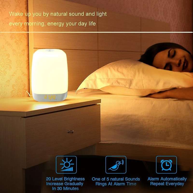 Wake Up Light Alarm Clock Digital Led Clock Press Control Dimmable Bedside Lamp Colorful Mode Night