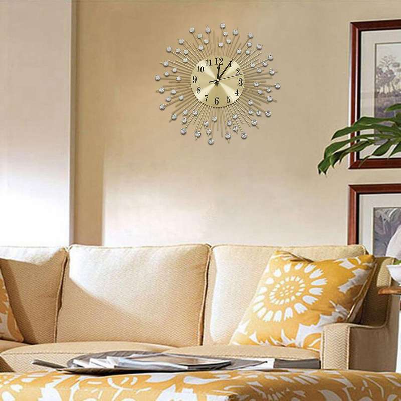 Wall Clock Diamonds Decorative Round Clock Metal Living Quiet Quartz Clocks Modern Minimalist Clock
