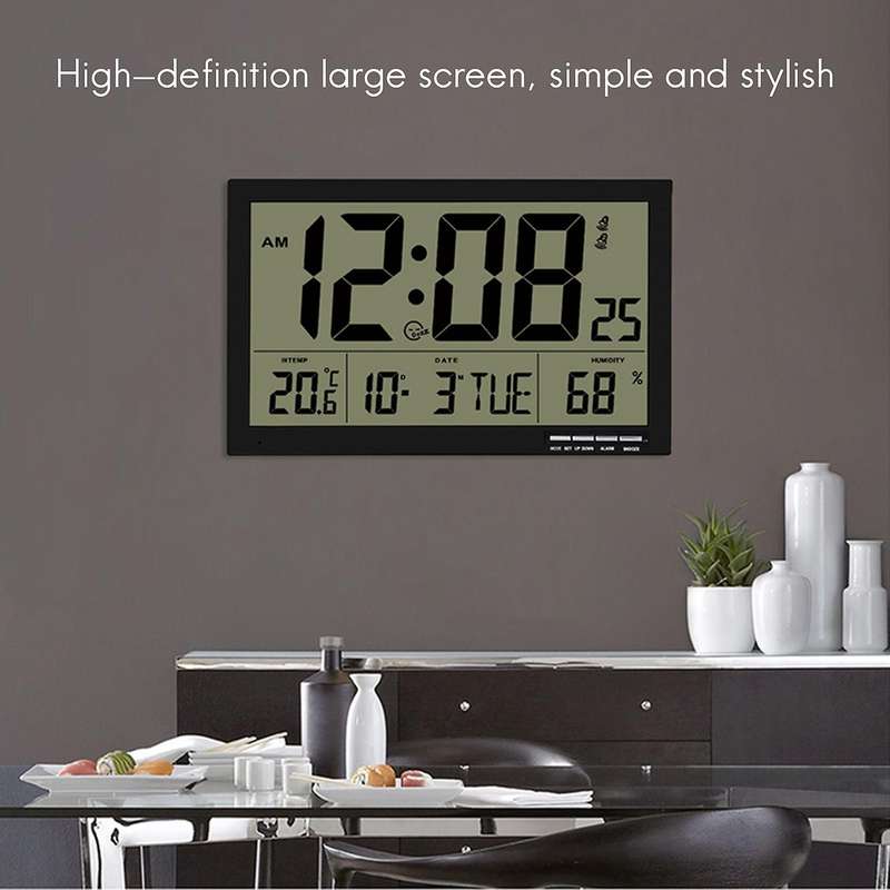 Wall Clock Digital, with Temperature and Humidity, Day of the Week Radio Clock, Easy to Read, Temper