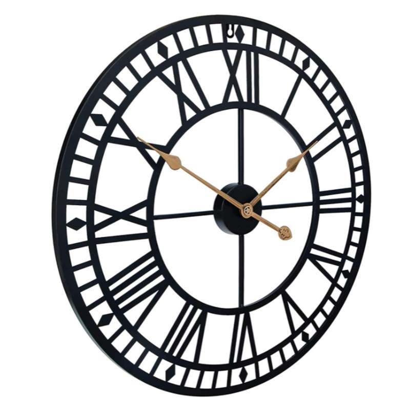 Wall Clock,Retro Skeleton Black Metal Clock Ancient Roman Numeral Style Silent Quartz Movement Wall