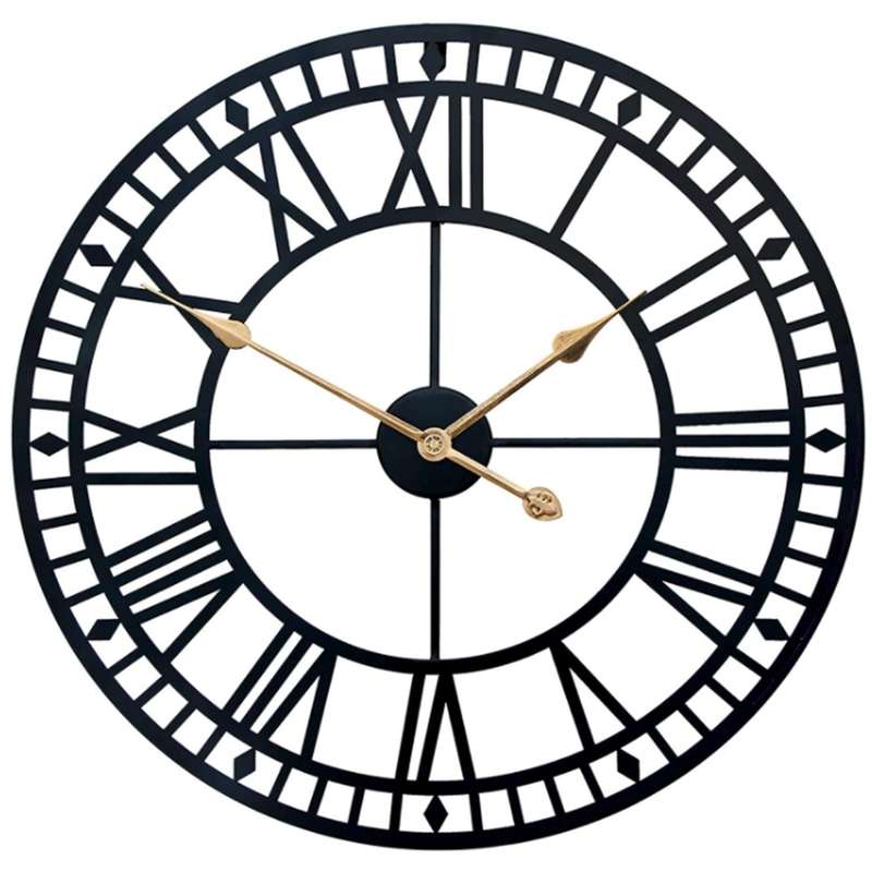 Wall Clock,Retro Skeleton Black Metal Clock Ancient Roman Numeral Style Silent Quartz Movement Wall