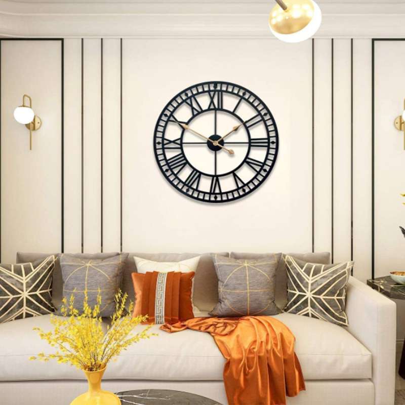 Wall Clock,Retro Skeleton Black Metal Clock Ancient Roman Numeral Style Silent Quartz Movement Wall