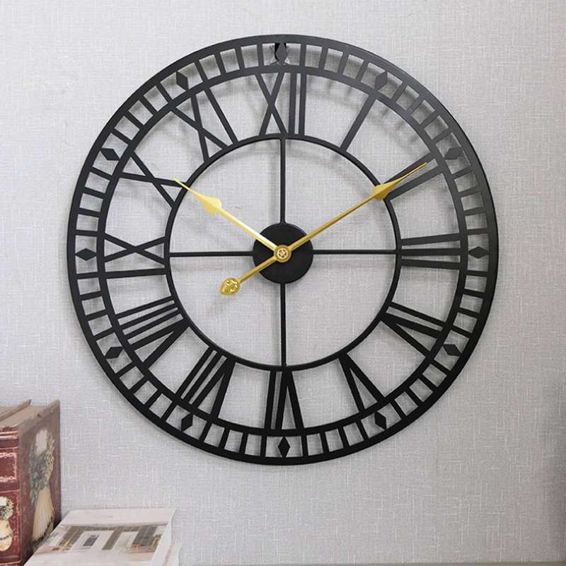 Wall Clock,Retro Skeleton Black Metal Clock Ancient Roman Numeral Style Silent Quartz Movement Wall