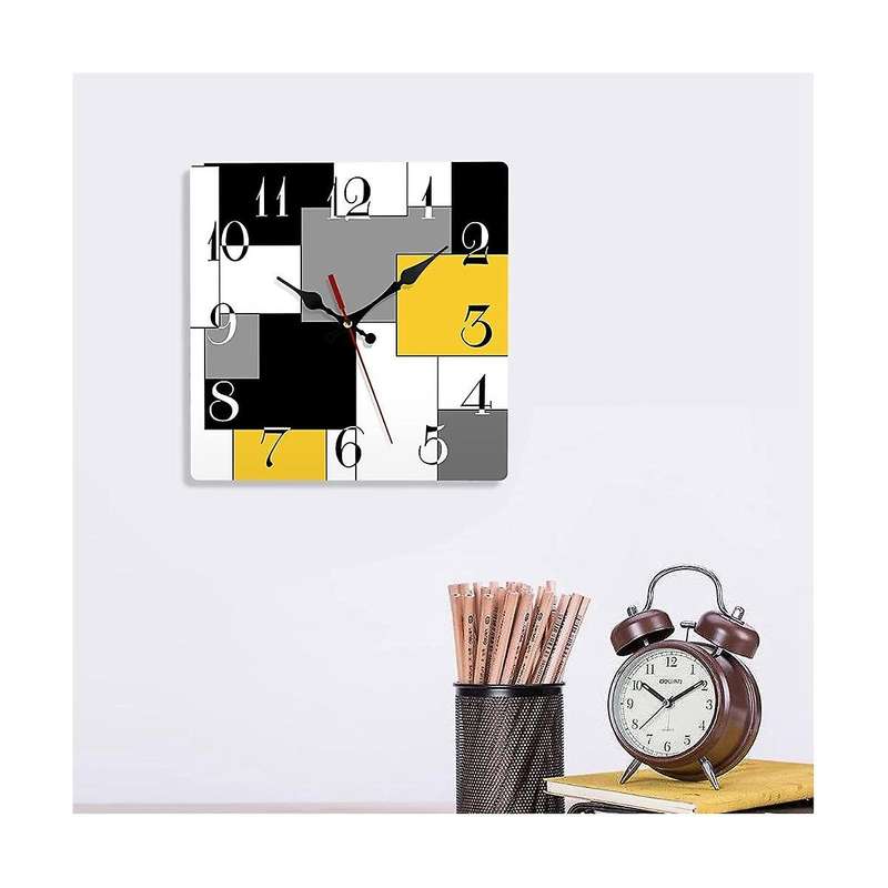 Wall Clock Silent Non-ticking, Abstract Geometric Minimalist Checkered Square Rustic Wall Clocks De