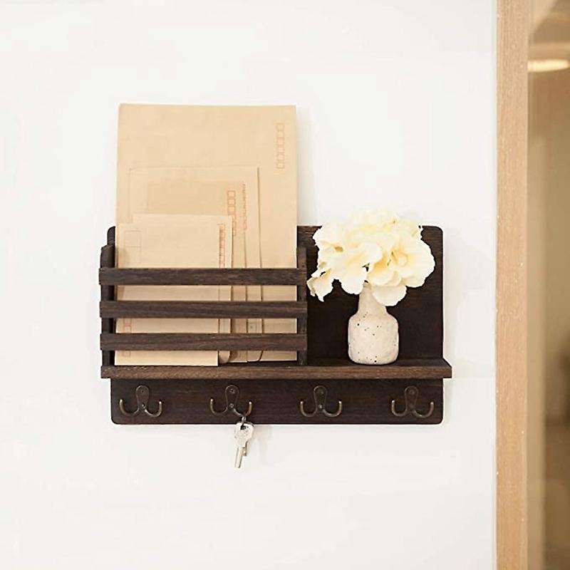 Wall Mounted Mail Holder Wooden Mail Sorter Organizer with 4 Double Key Hooks and A Floating Shelf