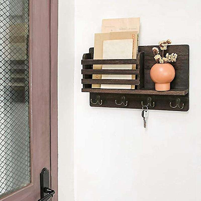 Wall Mounted Mail Holder Wooden Mail Sorter Organizer with 4 Double Key Hooks and A Floating Shelf