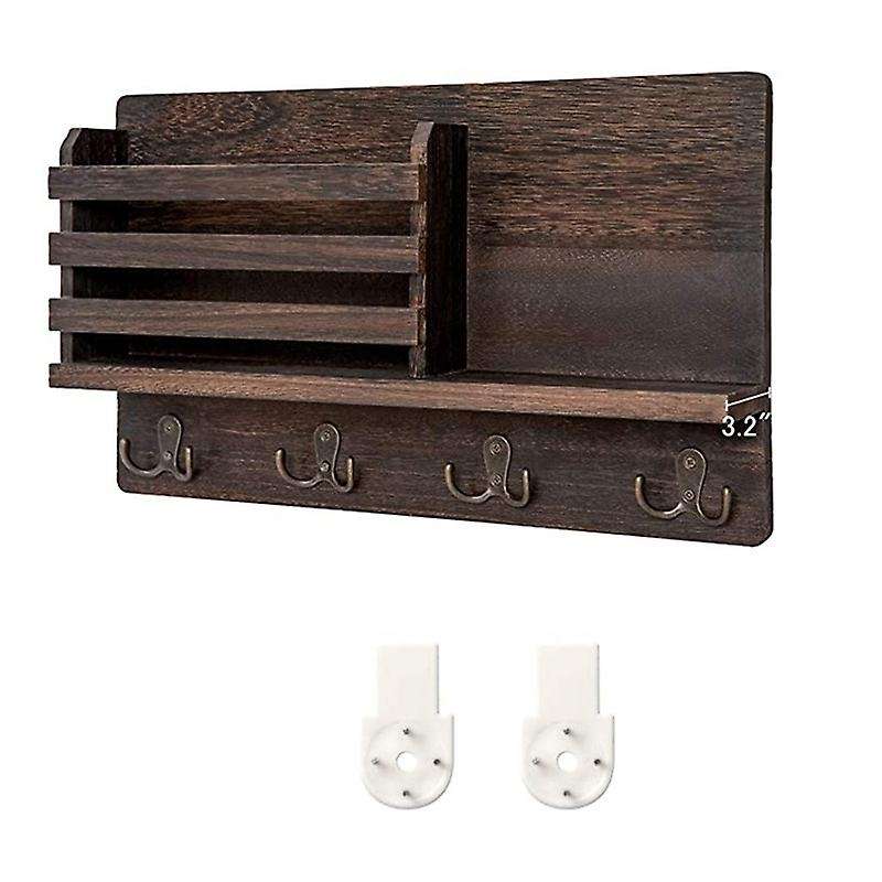 Wall Mounted Mail Holder Wooden Mail Sorter Organizer with 4 Double Key Hooks and A Floating Shelf